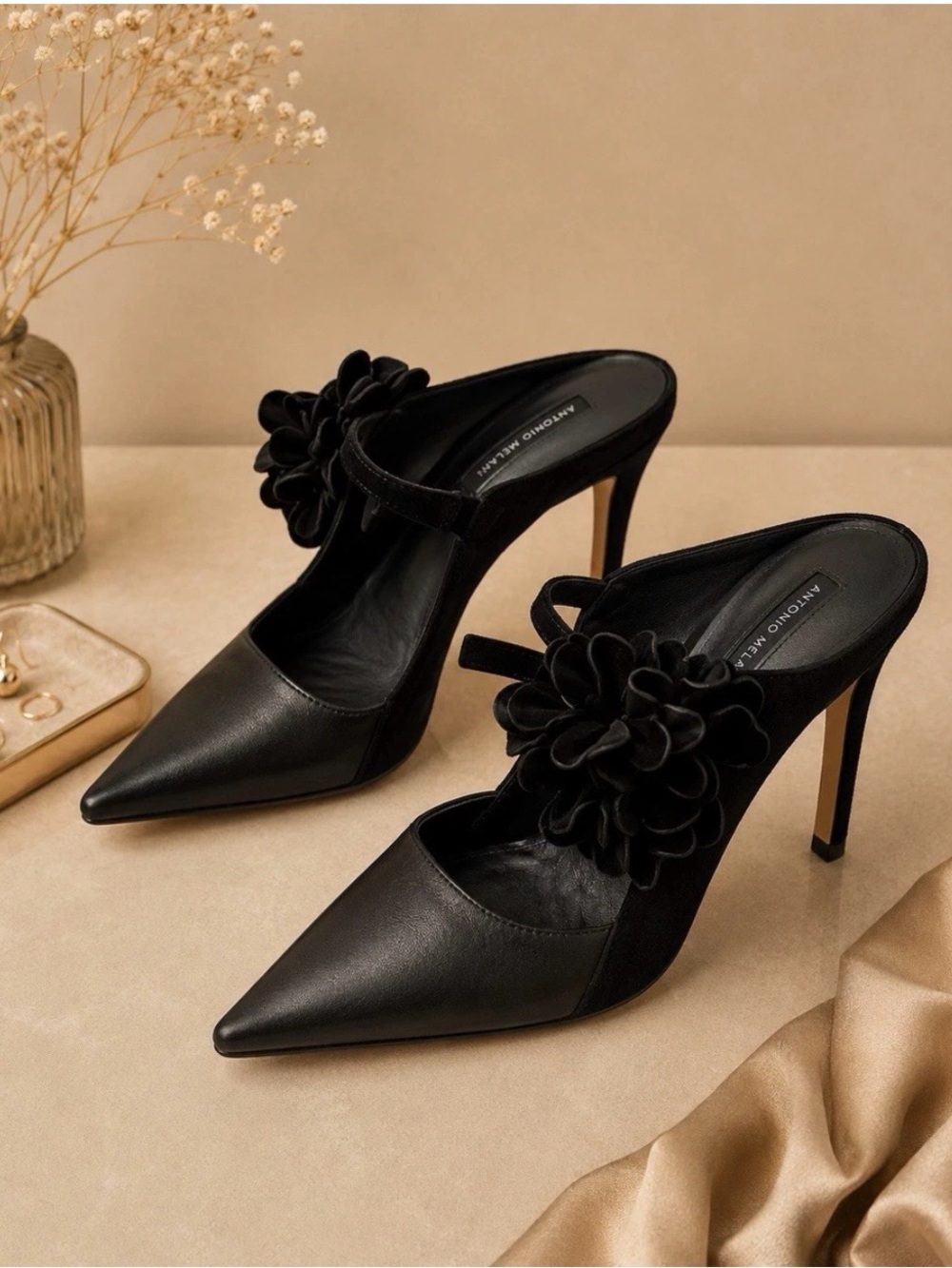 ANTONIO MELANI Black Pointed-Toe Stiletto Mules with Floral Applique